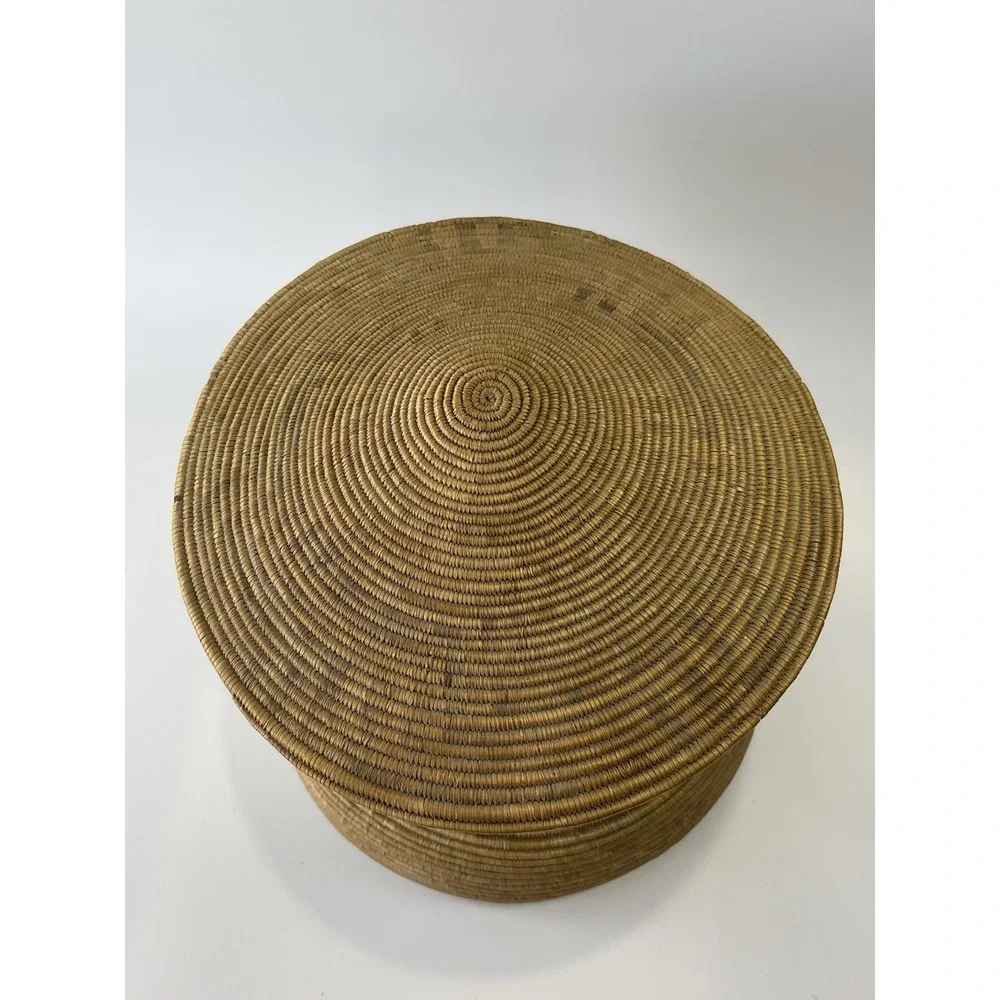 Vintage African Style Handwoven Coil Lidded Basket W/ Colorful Interior Design